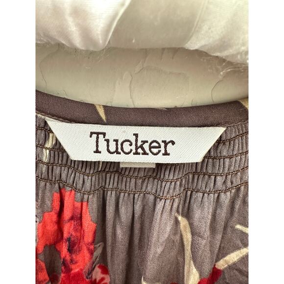 TUCKER | 100% Silk Floral Blouse Gray Red Rose Print Boho Peasant Top | Size P - Picture 5 of 9